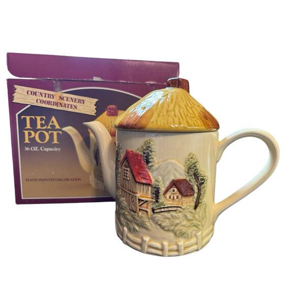 Vintage Country Scene Earthenware 18 Pc. Dish Set Farmhouse Mugs Teapot Cookie - Picture 5 of 12